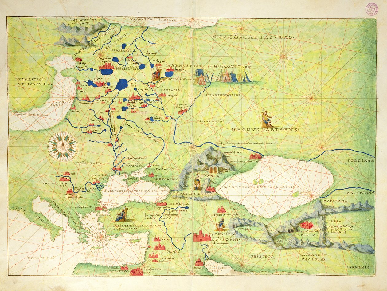 Europa och Centralasien, från en världsatlas med 33 kartor, Venedig, 1 september 1553 (bläck på pergament) (se även 330954) av Battista Agnese