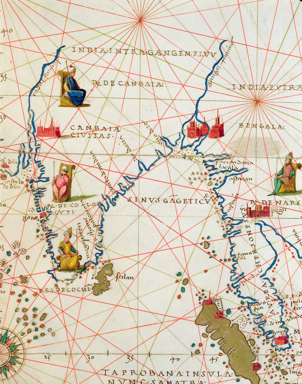 Indien och Malaysia, från en världsatlas i 33 kartor, Venedig, 1 september 1553 (bläck på veläng) (detalj från 330955) av Battista Agnese
