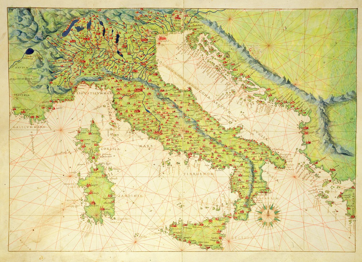 Italien, från en världsatlas i 33 kartor, Venedig, 1 september 1553 (bläck på veläng) av Battista Agnese