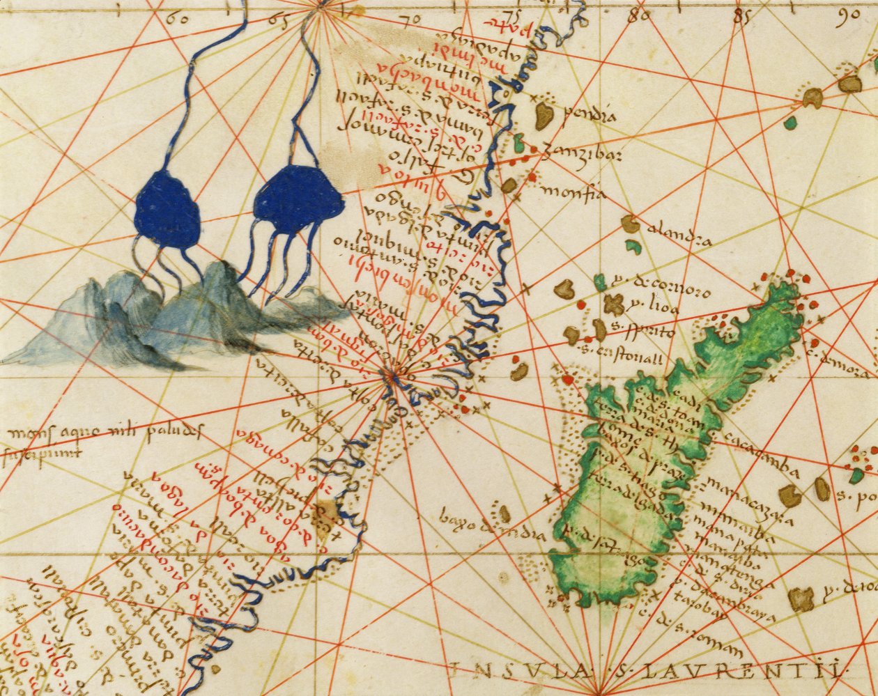Madagaskar, från en atlas över världen i 33 kartor, Venedig, 1 september 1553 (bläck på veläng) (detalj från 330955) av Battista Agnese