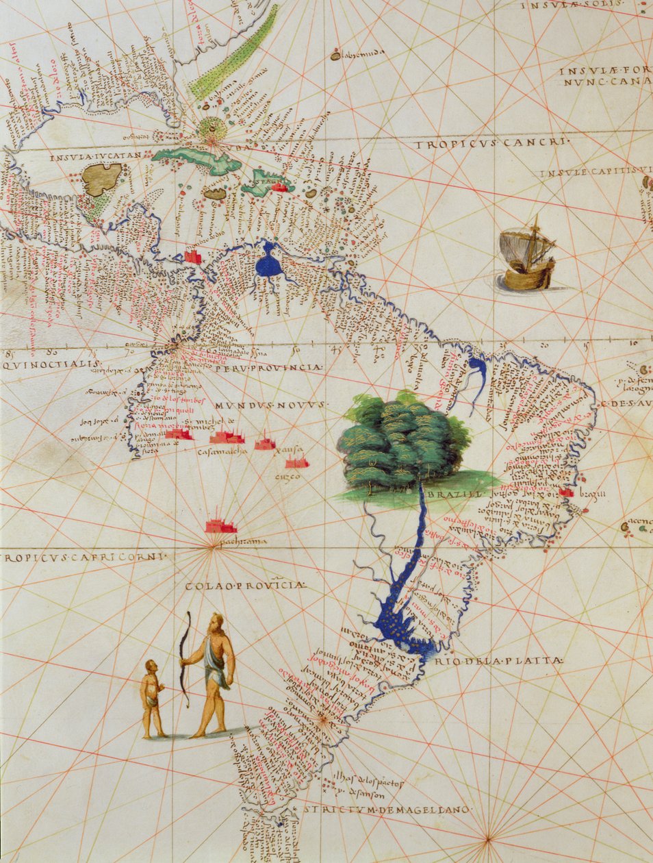Sydamerika, från en världsatlas i 33 kartor, Venedig, 1 september 1553 (bläck på veläng) (detalj från 330959) av Battista Agnese