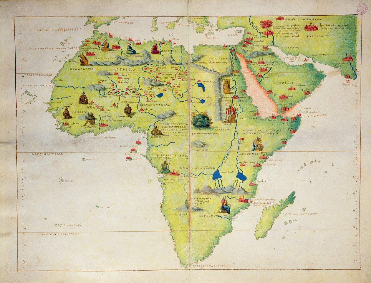 Afrikas kontinent, från en världsatlas i 33 kartor, Venedig, 1 september 1553 (bläck på veläng) (se även 330947) av Battista Agnese