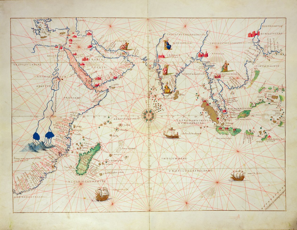 Indiska oceanen, från en atlas över världen i 33 kartor, Venedig, 1 september 1553 (bläck på veläng) (se även 330956) av Battista Agnese