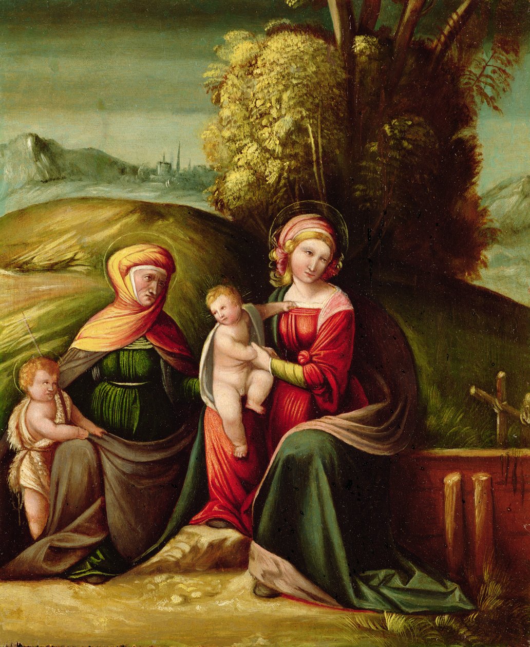 Jungfrun och barnet med St. Elizabeth och St. John i ett landskap av Battista Dossi