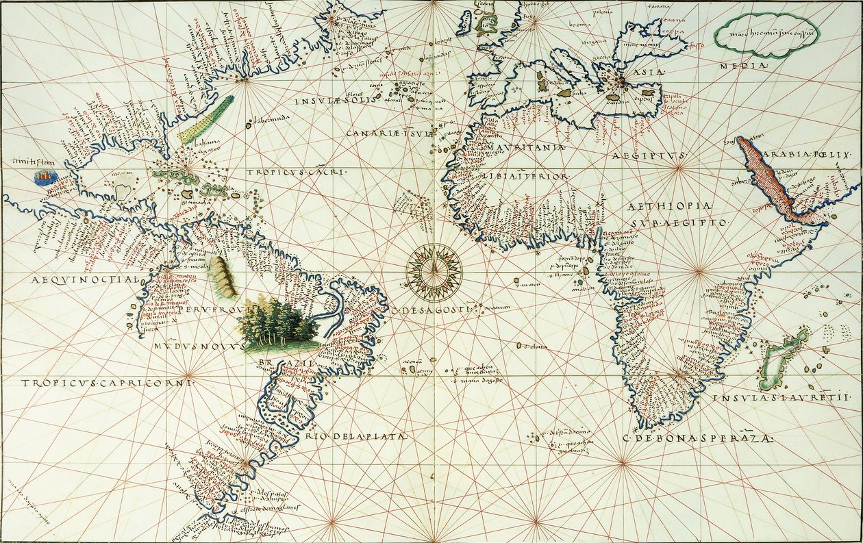 En dubbelsidig karta över Atlanten, som visar Nord- och Sydamerikas östkust, 1544 av Battista Agnese