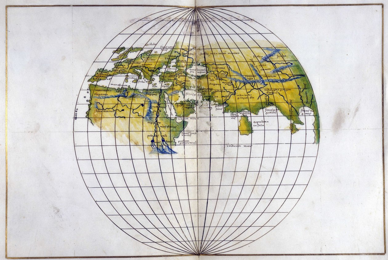 Eger. 2854. f.14v-15 Hemisfärisk karta över den gamla världen, från Europa och Afrika till Indien; visar divisionerna av Ptolemaios, ca 1540 (vellum) av Battista Agnese
