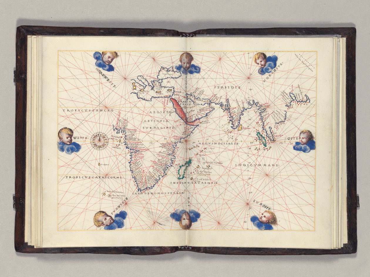 Fos. 11v-12r Diagram 3: Indiska oceanen, Portolans världsatlas, Venedig, ca 1542-46 av Battista Agnese