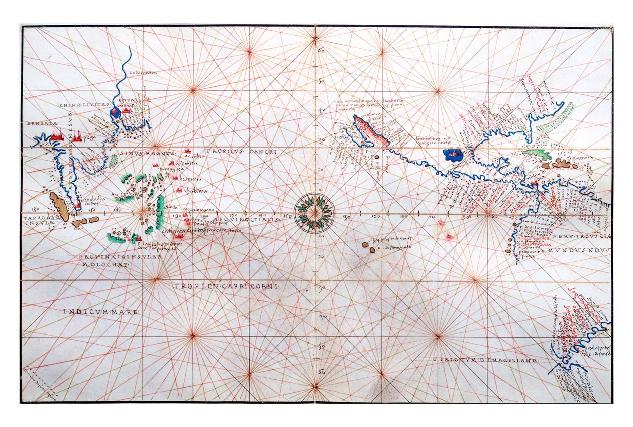 Navigationskarta som visar Kina, Ceylon och Filippinerna och Kräftans och Stenbockens vändkretsar, ca 1540 av Battista Agnese