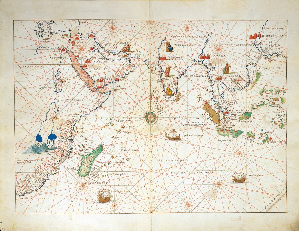 Indiska oceanen och en del av Asien och Afrika, från Atlas of the World i trettiotre kartor, av Battista Agnese av Battista Agnese