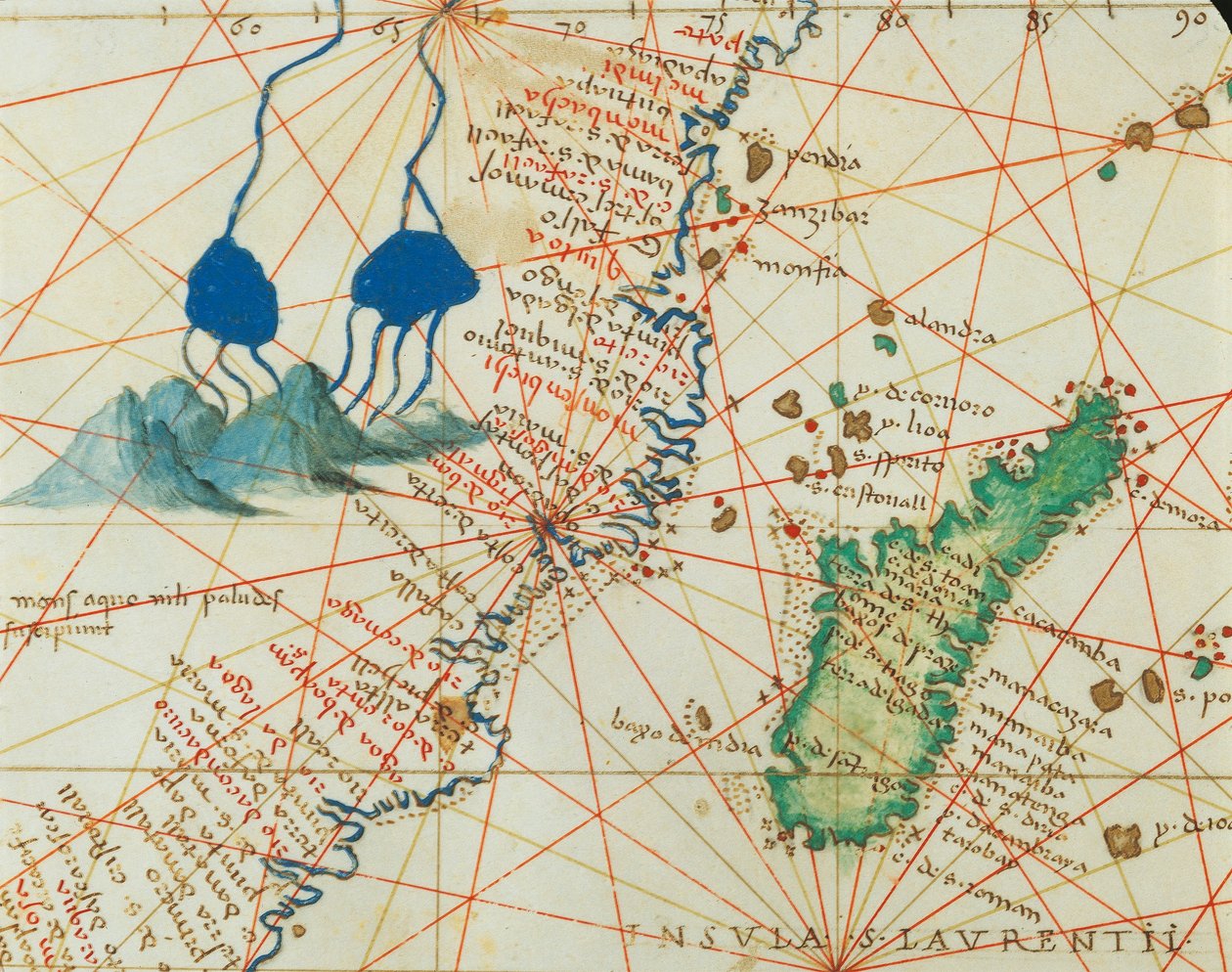 Indiska oceanen och en del av Asien och Afrika: Nilens källa och Madagaskar, från Atlas of the World i trettiotre kartor, av Battista Agnese av Battista Agnese