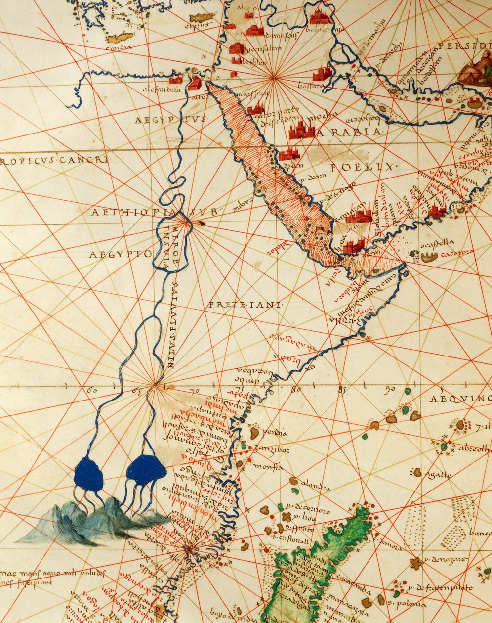Indiska oceanen och en del av Asien och Afrika: Nilens lopp, från Atlas of the World i trettiotre kartor, av Battista Agnese av Battista Agnese