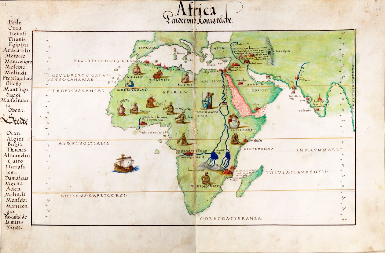 Vellumkarta över Afrika, Indien och Medelhavet av Battista Agnese
