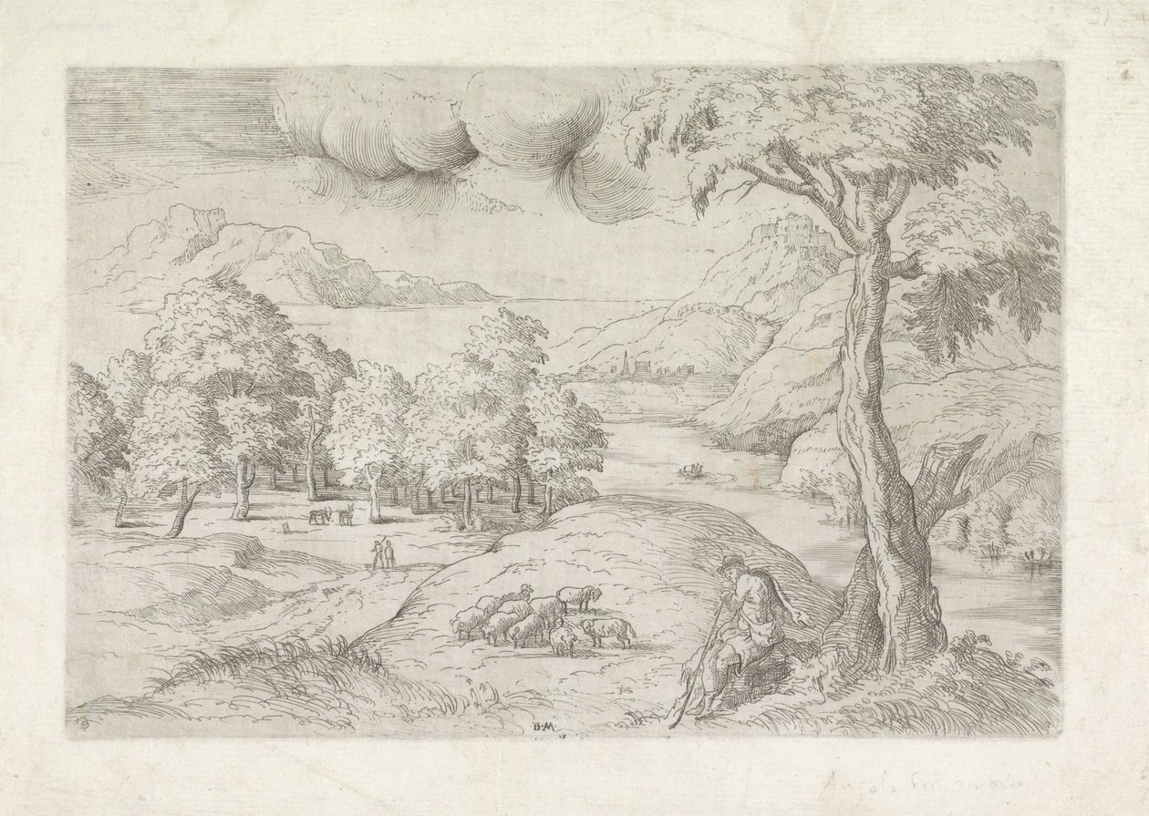 Panoramalandskap med ruiner, en stad och resenärer Landschap träffade herder av Battista Angolo del Moro