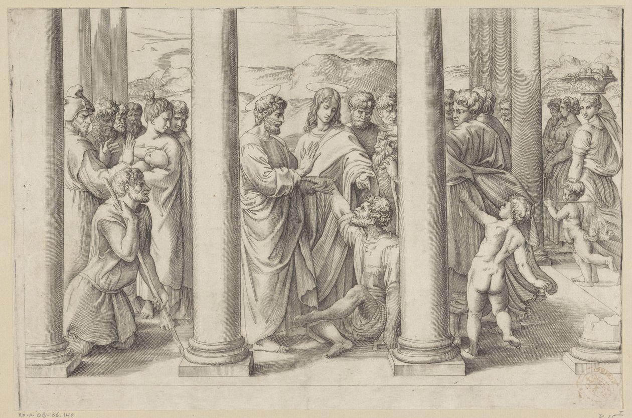 De heliga Petrus och Johannes botar en förlamad person i ett tempel av Battista Franco