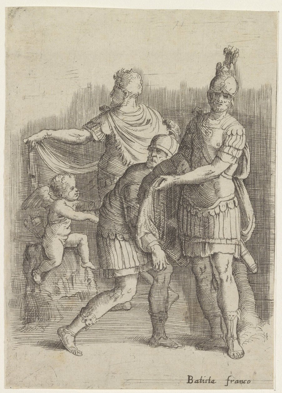 Tre soldater och en putto av Battista Franco
