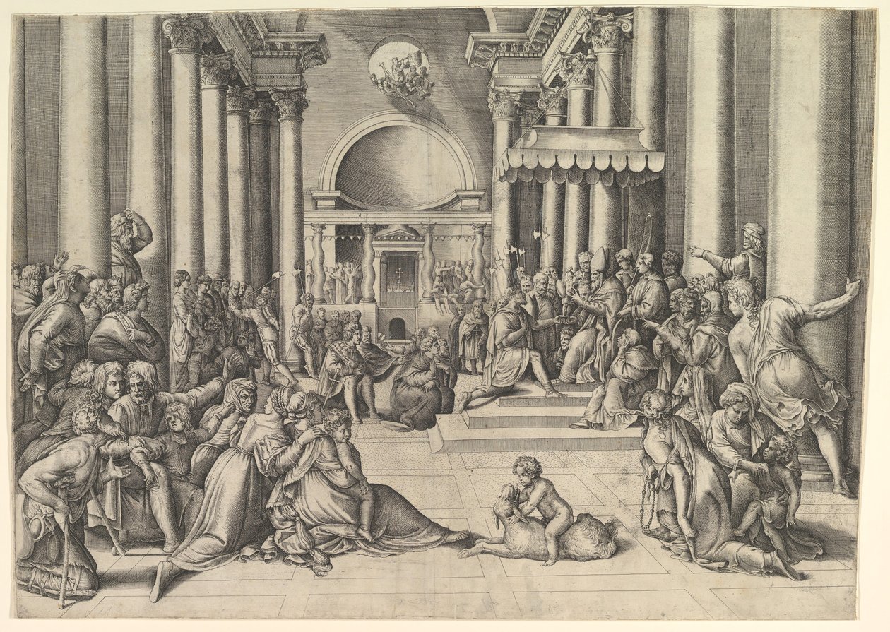 Konstantin presenterar staden Rom för den heliga stolen, till höger, många åskådare ..., ca. 1530-61. av Battista Franco Veneziano