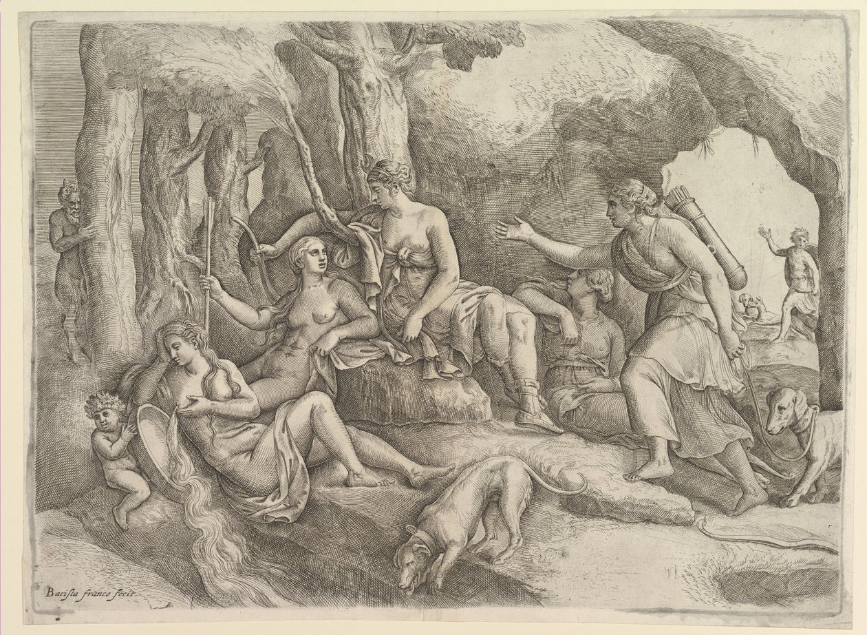 Diana vilar med nymfer. av Battista Franco Veneziano