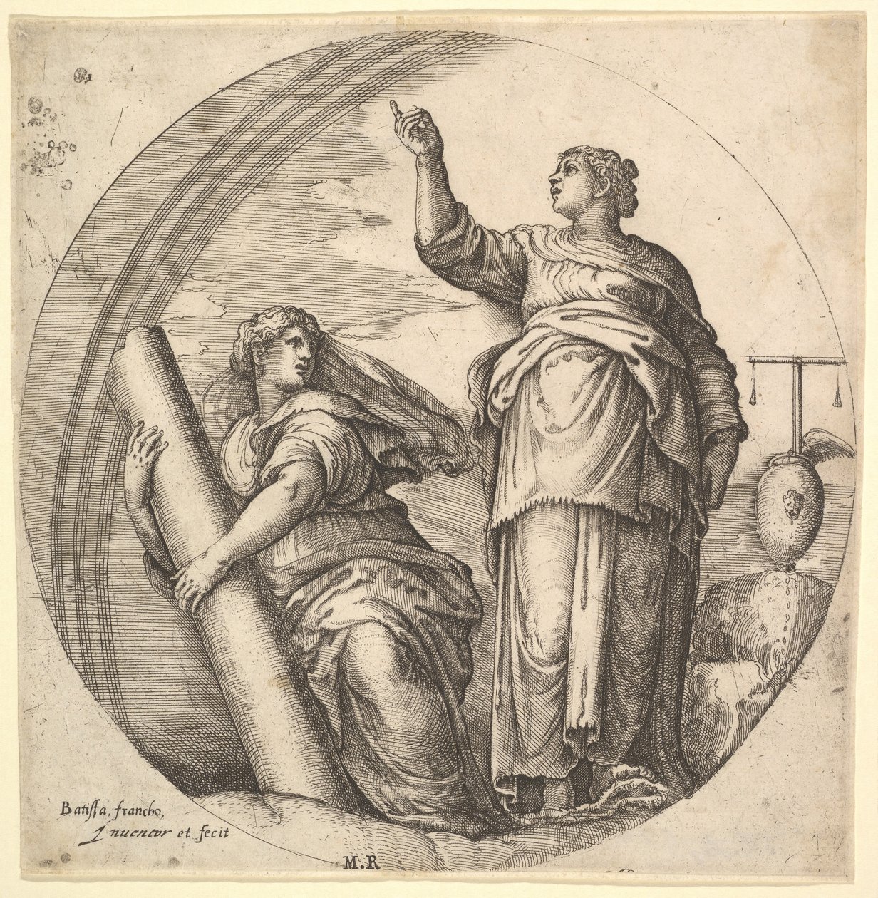 Fortitude and Justice, en allegorisk komposition i runt format, med Fortitude g..., ca. 1530-61. av Battista Franco Veneziano