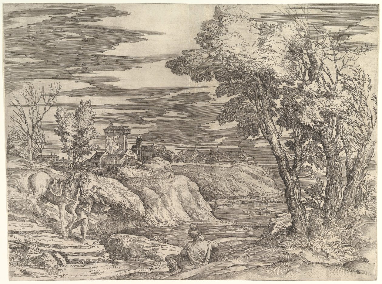 Landskap med en ryttare och hans brudgum, ca. 1552-61. av Battista Franco Veneziano