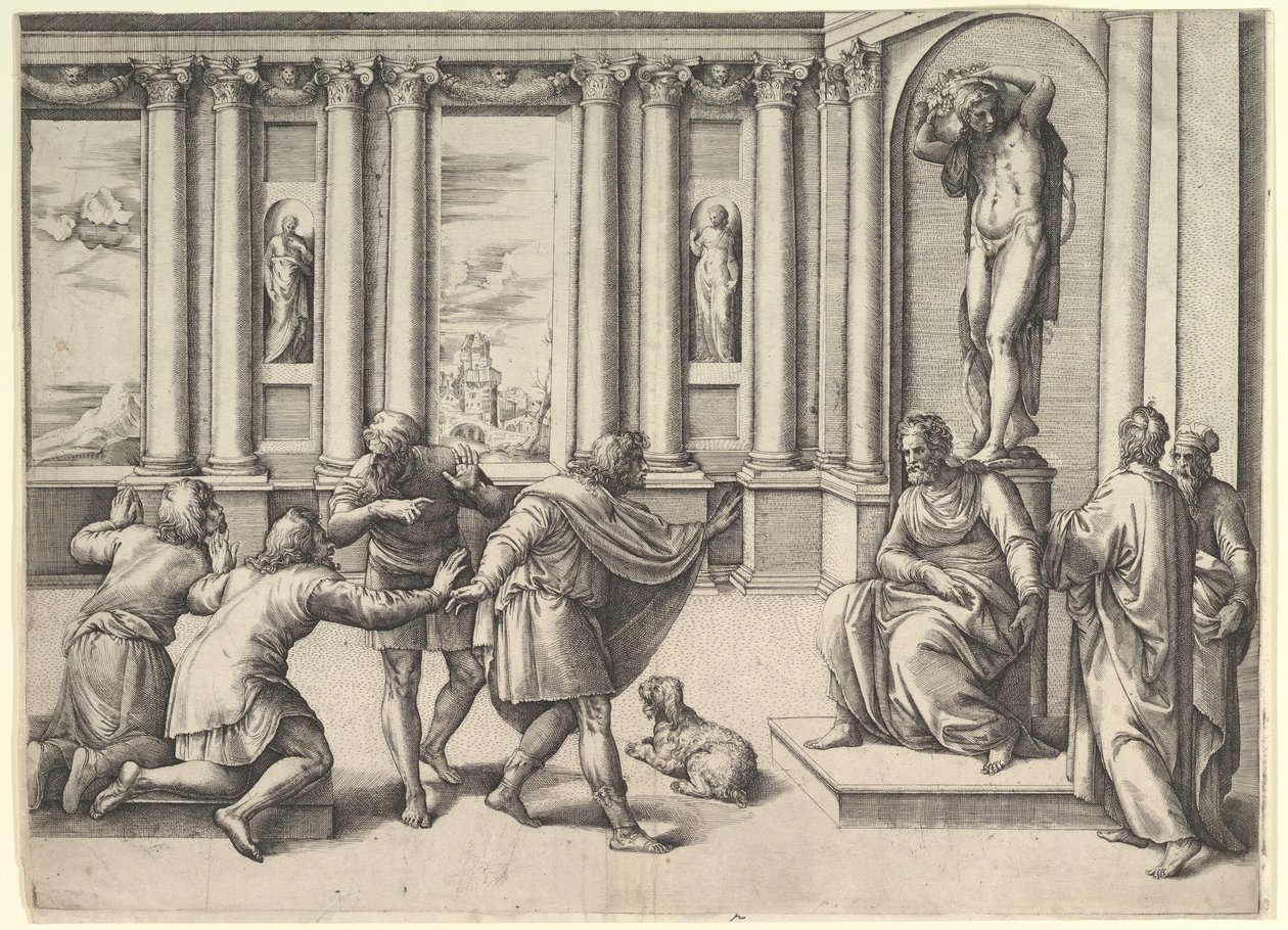 Man som sitter under en staty av Bacchus och tar emot en publik, ca. 1530-61. av Battista Franco Veneziano