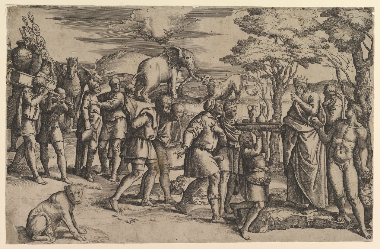 Melkisedek erbjuder bröd och vin till Abraham, ca. 1547. av Battista Franco Veneziano