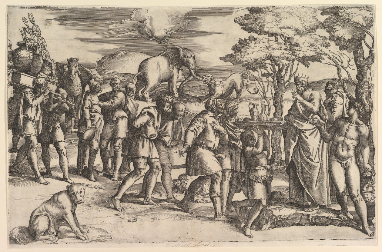 Melkisedek erbjuder bröd och vin till Abraham, ca. 1547. av Battista Franco Veneziano