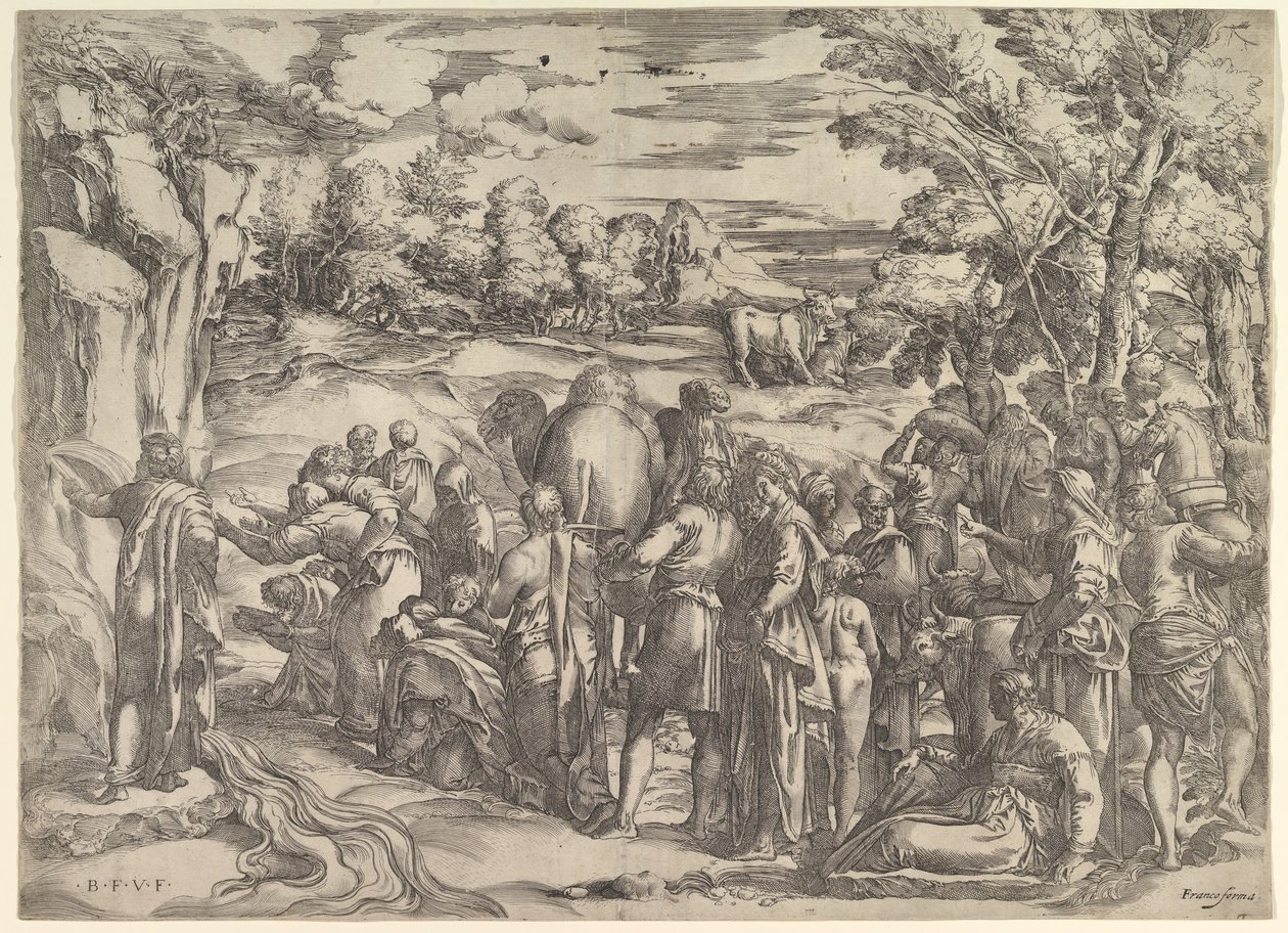 Moses drar vatten från klippan, till vänster med vatten som rinner, olika figurer och ..., ca. 1552-61. av Battista Franco Veneziano