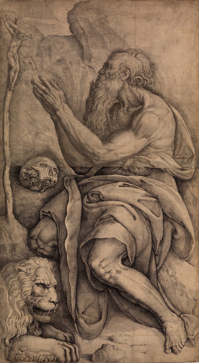 Saint Hieronymus knäböjer inför ett krucifix, med en skalle och lejon, ca. 1550-60. av Battista Franco Veneziano