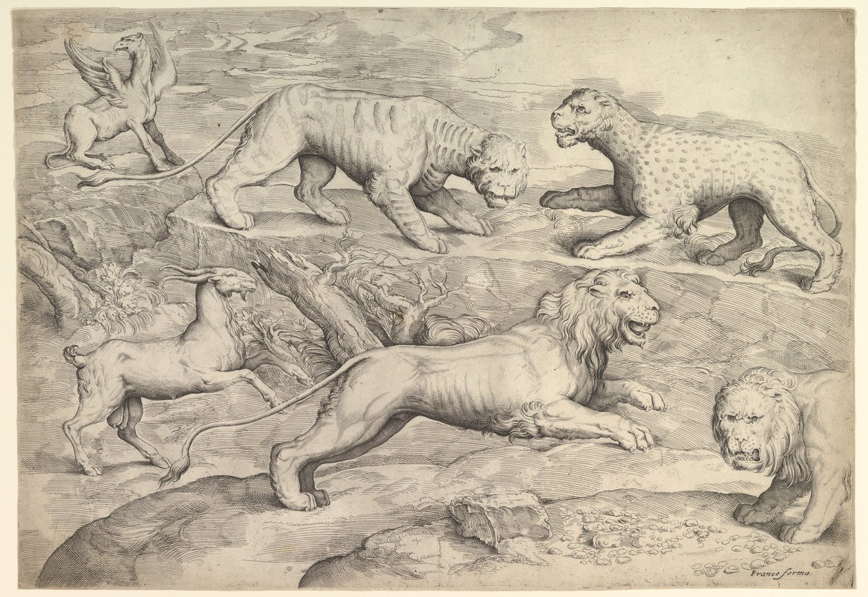 Sex djur, inklusive lejon, en tiger, en leopard, en griffin och en get, ca. 1530-61. av Battista Franco Veneziano