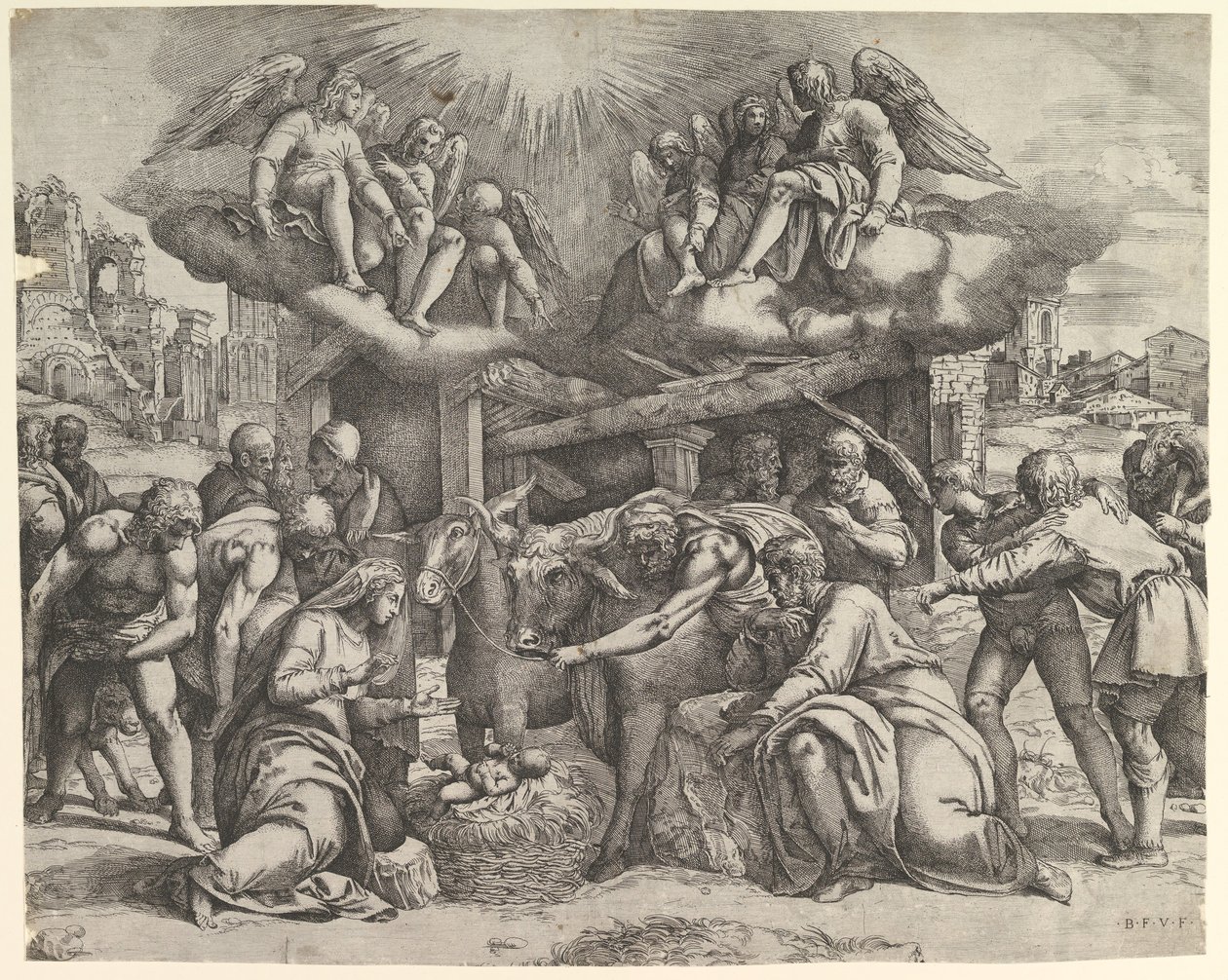 Herdarnas tillbedjan med änglar över huvudet, ca. 1530-61. av Battista Franco Veneziano