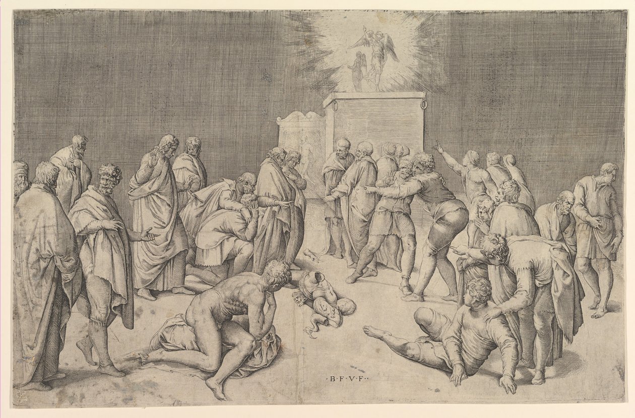 Filistéerna placerar förbundsarken i Dagons tempel, ca. 1540. av Battista Franco Veneziano