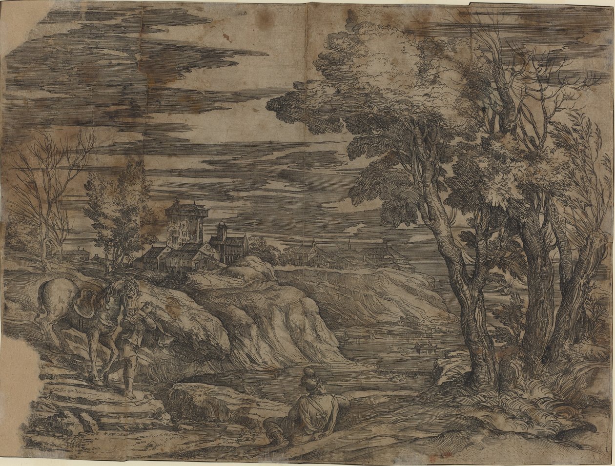 Landskap med en man som leder en häst av Battista Franco, after Titian