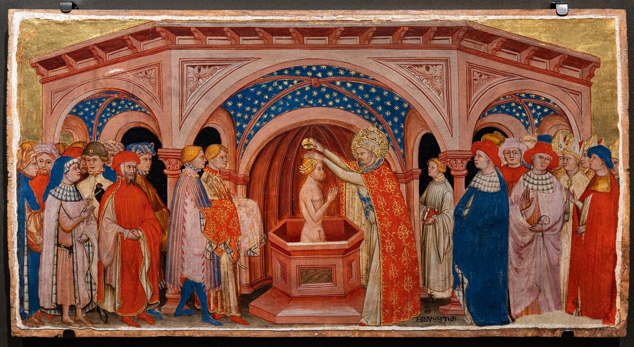 Påven St. Sylvester döper Costantine i Laterano (tempera på panelen) av Battista da Vicenza