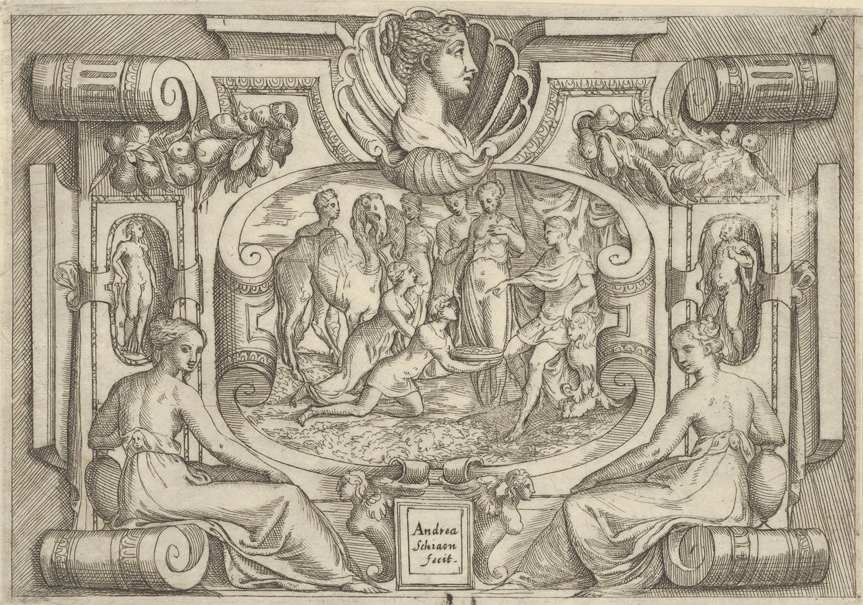 En man och kvinna som erbjuder ett fat med mynt till en kung som sitter på en tron, satt med..., ca. 1540-80. av Battista del Moro