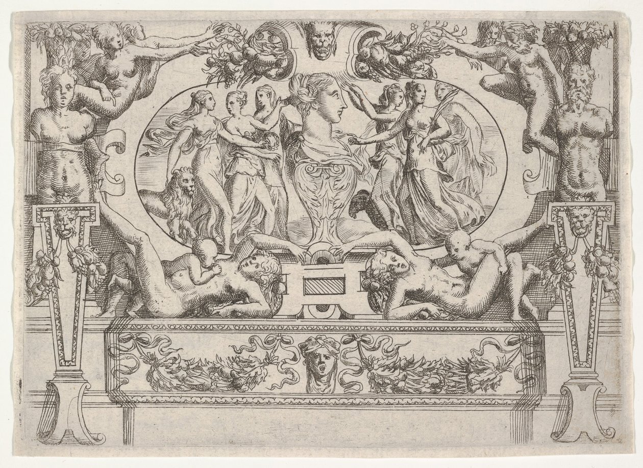 Byst av en kvinna flankerad av tre kvinnor på varje sida, inställd inom en utarbetad ram, ca. 1540-80. av Battista del Moro