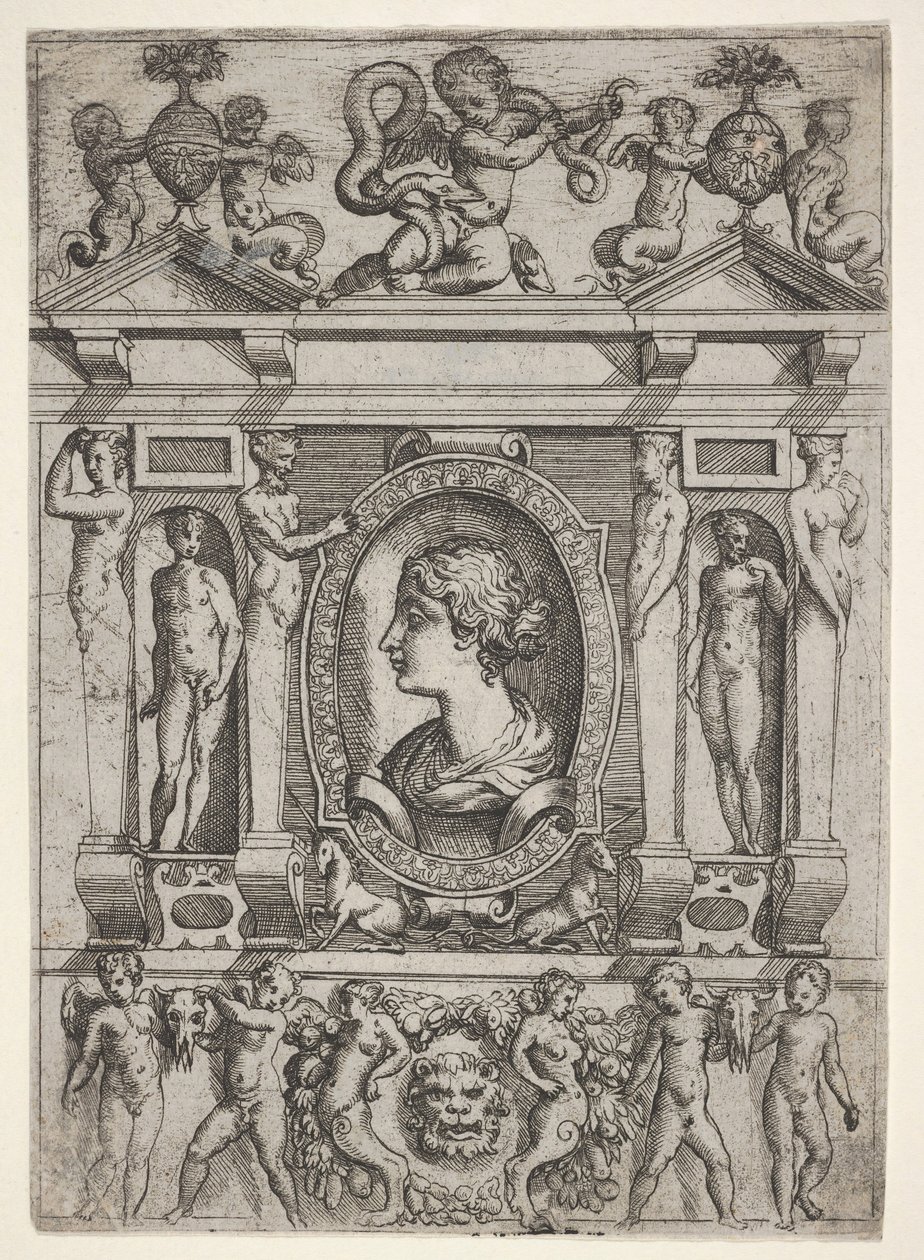 Byst av en kvinna i profil vänd åt vänster, inställd i en genomarbetad ram med figurer i n..., ca. 1540-80. av Battista del Moro