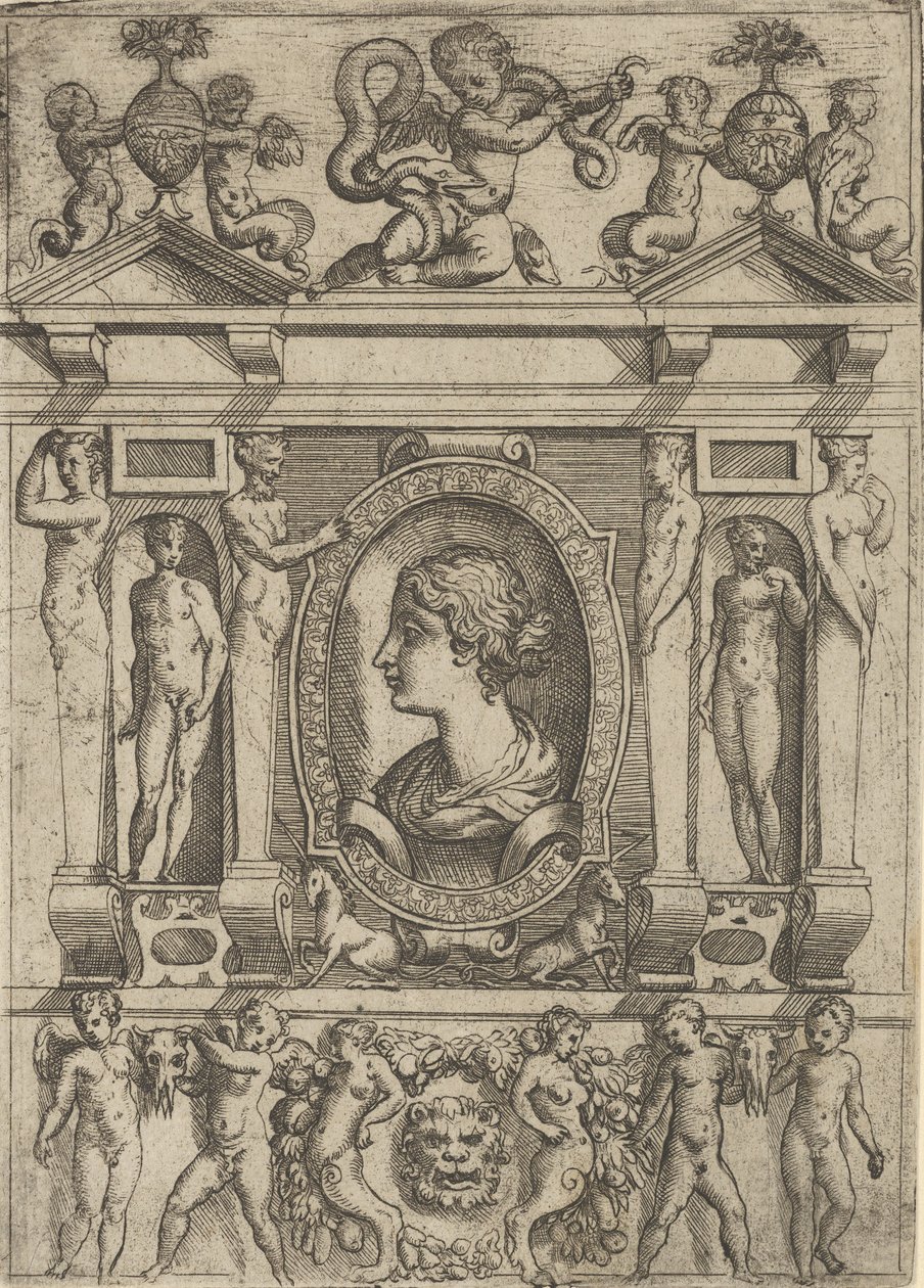 Byst av en kvinna i profil vänd åt vänster, inställd i en genomarbetad ram med figurer i n..., ca. 1540-80. av Battista del Moro