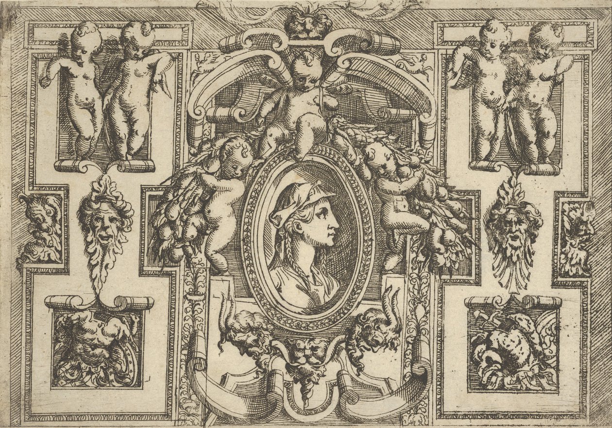Byst av en kvinna i profil vänd åt höger, inställd i en utarbetad ram med putti, ..., ca. 1540-80. av Battista del Moro