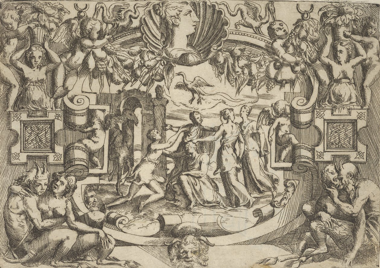 Fyra kvinnor som omger en sittande figur, en fågel ovanför dem, placerade i en utarbetad ..., ca. 1540-80. av Battista del Moro