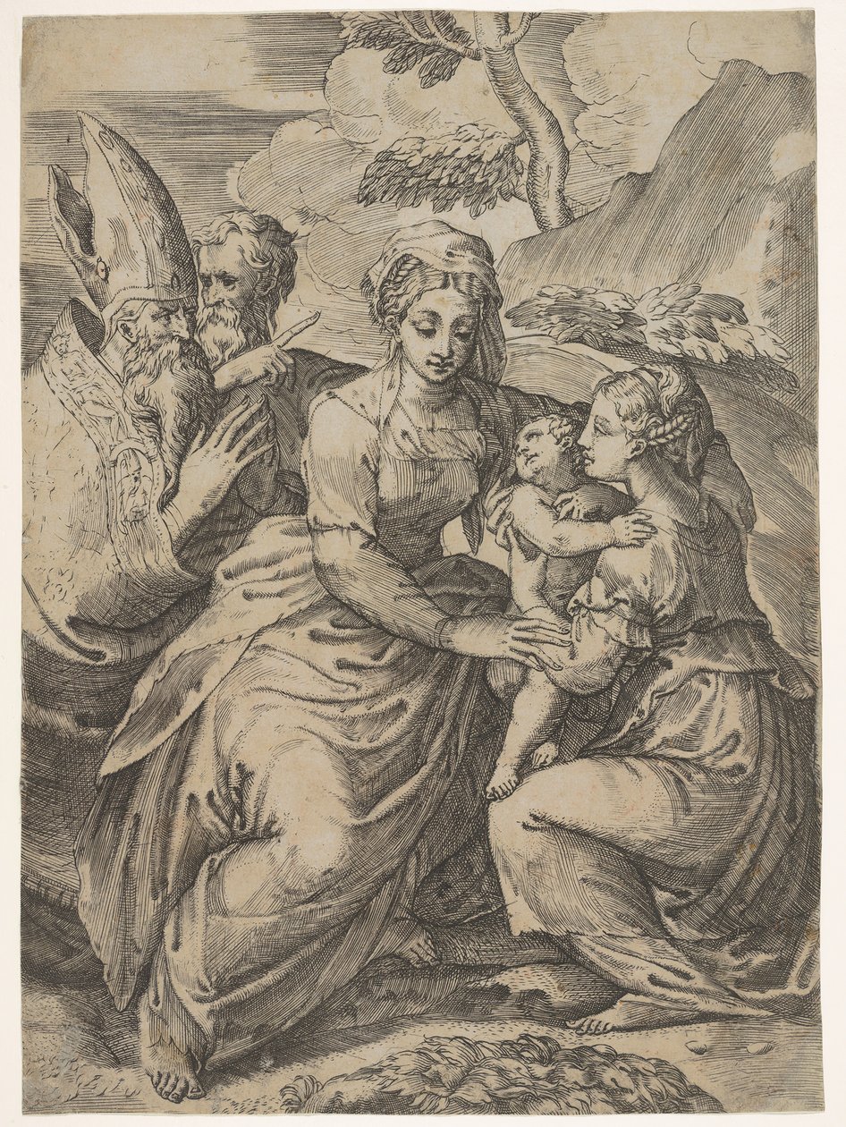 Madonna och barn med heliga efter Parmigianino. av Battista del Moro
