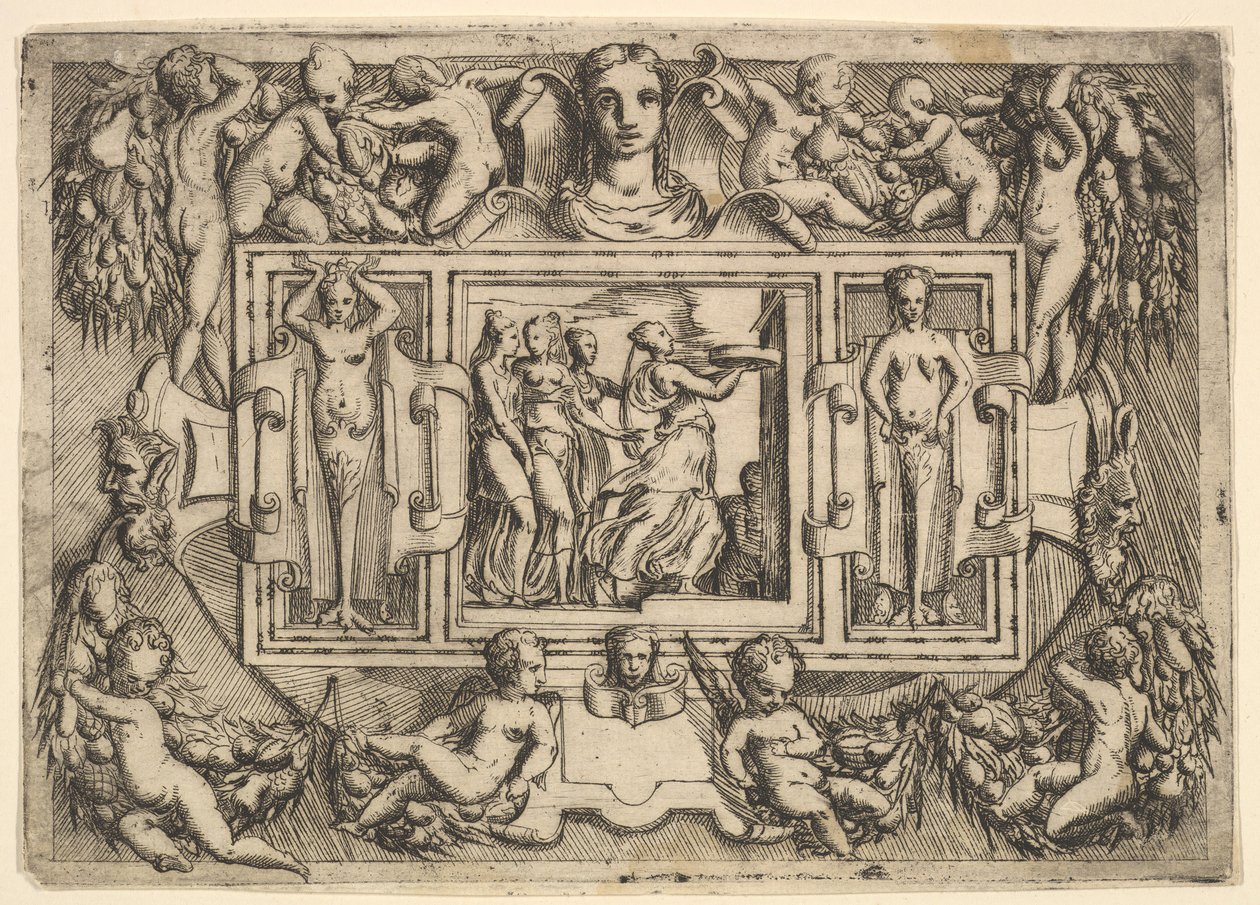 Den kumeiska sibyllan går till höger och bär en bricka, följt av tre kvinnor..., ca. 1540-80. av Battista del Moro