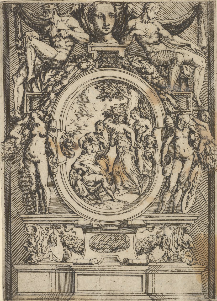 The Judgement of Paris, man som sitter till vänster sträcker sig mot en kvinna som flankeras av ..., ca. 1540-80. av Battista del Moro