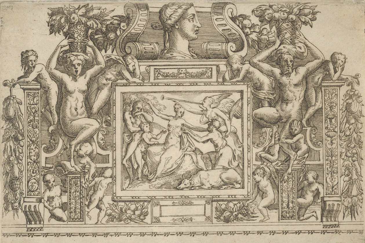 Kvinna sittande med armarna utsträckta, personifiering av Fame med trumpet till höger,..., ca. 1540-80. av Battista del Moro