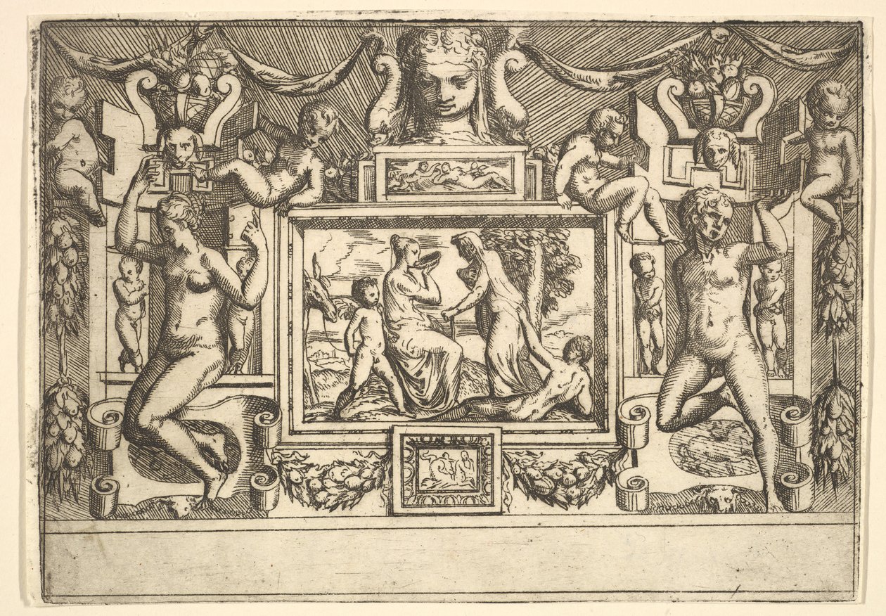 Ung kvinna som dricker ur en skål, en gammal kvinna som står framför henne, satt inom..., ca. 1540-80. av Battista del Moro
