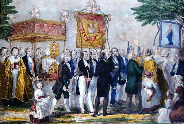 Procession av Confrerie du Tres Saint Sacrament. tidigt 1800-tal (färg litho) av Bautz Bautz