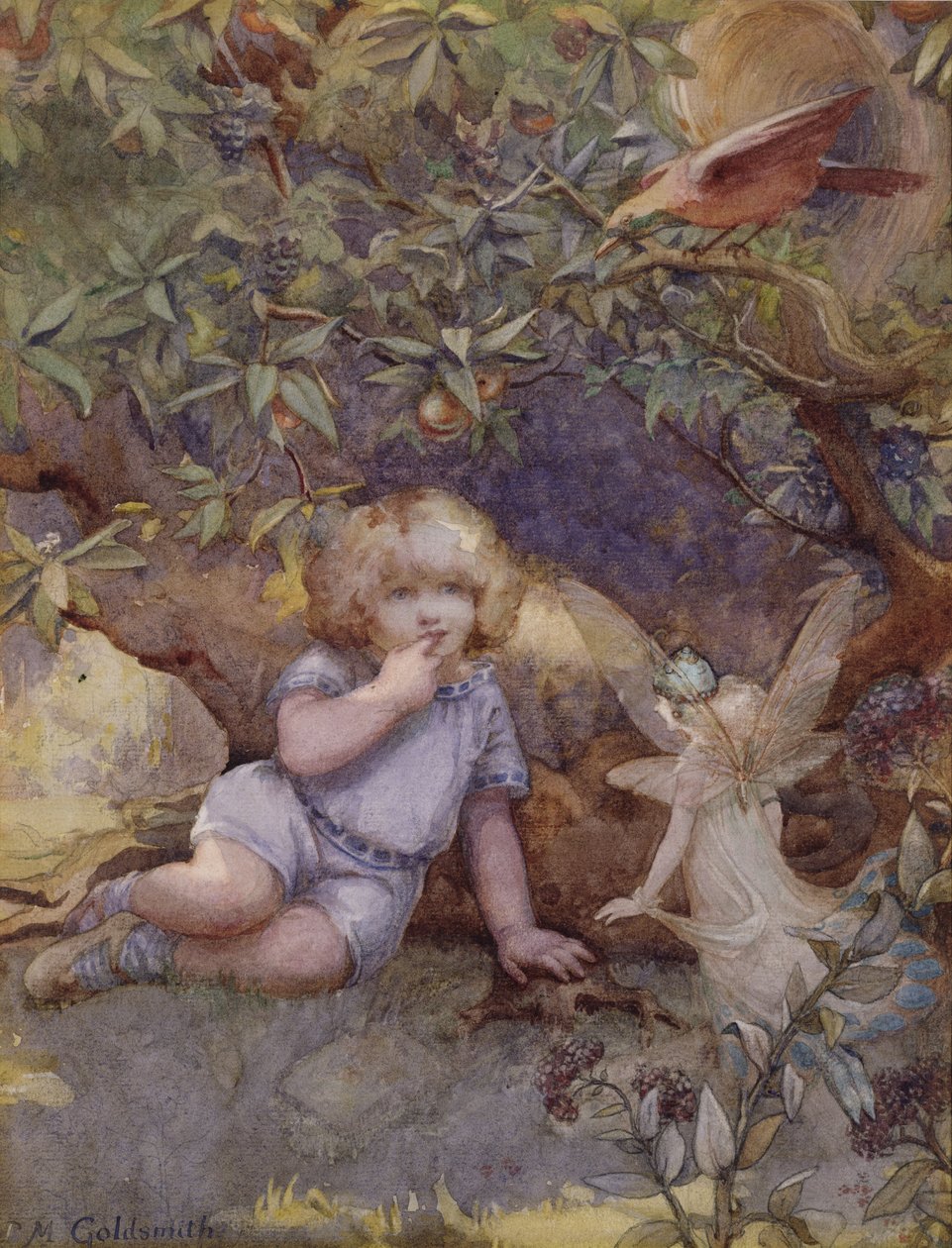 Liten flicka med älvor (akvarell) av Beatrice Goldsmith