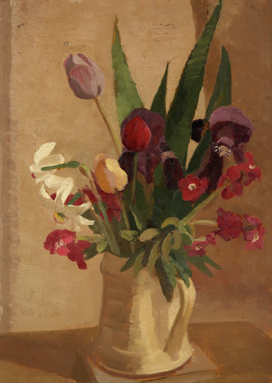 Tulpaner, väggblommor och narcisser (olja ombord) av Beatrice H. Budgett