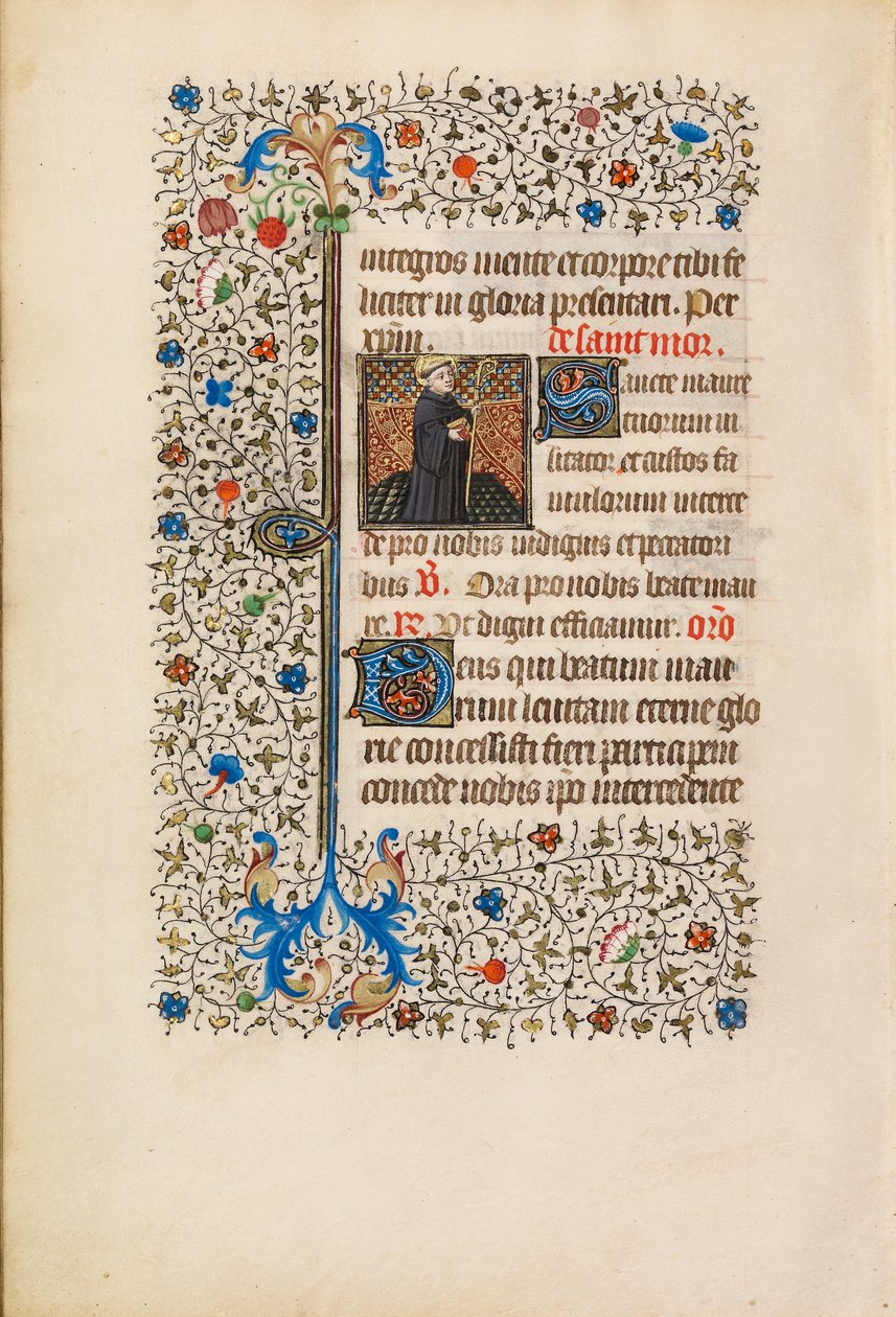 Abbot Maurus med en stav och en bok, ca 1440-50 (tempera, bladguld, färg och bläck på pergament) av Bedford Master Workshop