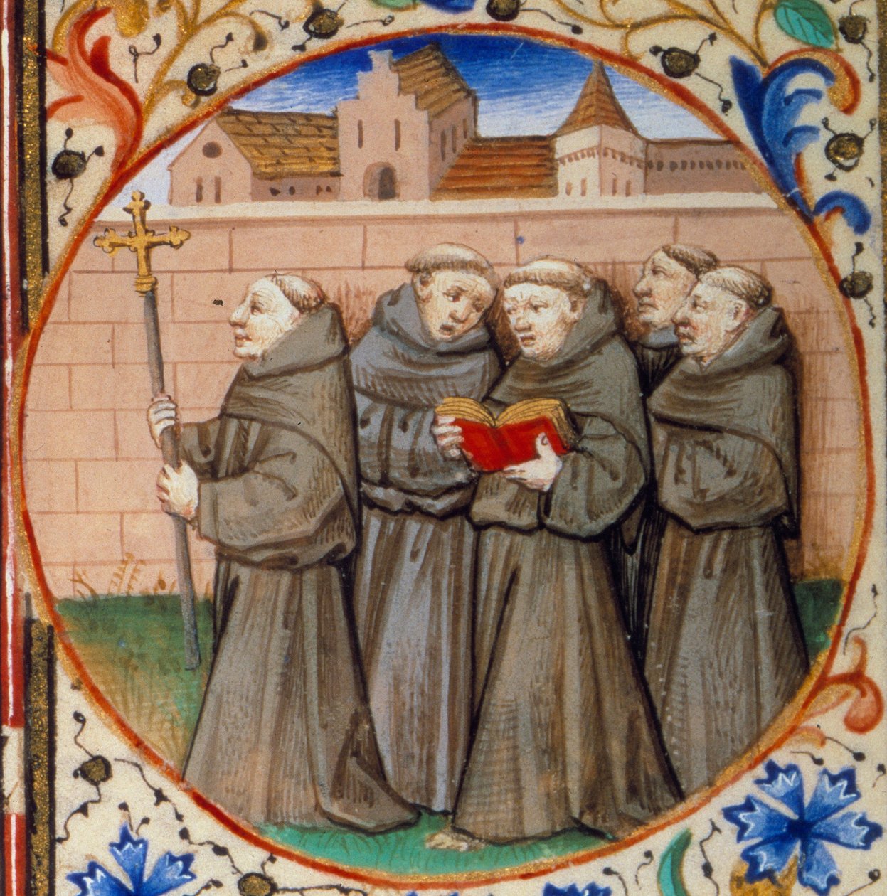 Scen av klosterliv. Detalj som föreställer munkar av Franciskanerorden. Miniatyr hämtad från "" Timbok enligt bruken av Paris"" upplyst av Mästarens verkstad i Bedford. 1450. Paris, B.N. av Bedford Master Workshop