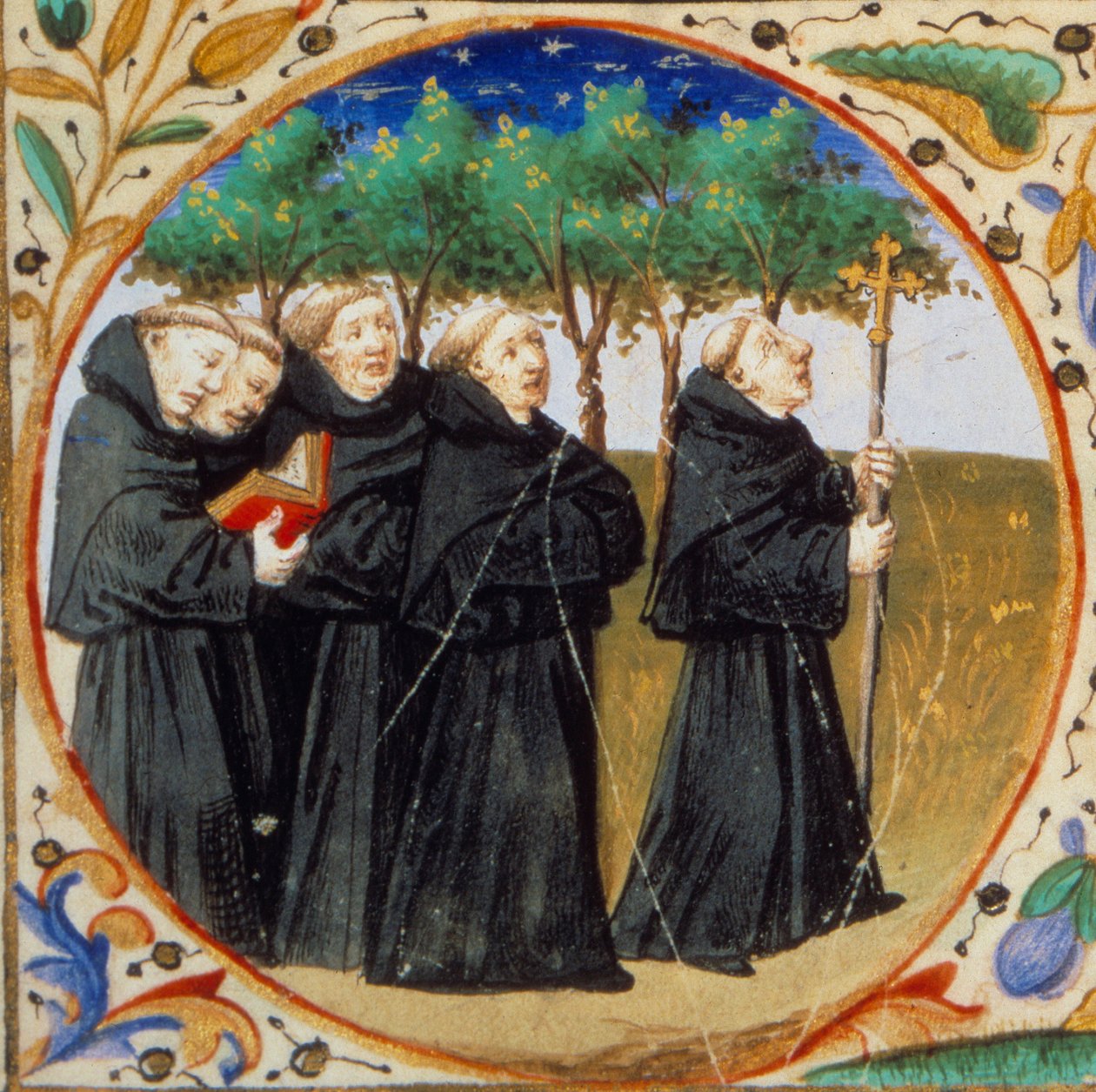 Scen av klosterliv. Detalj som föreställer munkar av Augustinerorden. Miniatyr hämtad från "" Timbok enligt bruken av Paris"" upplyst av Mästarens verkstad i Bedford. 1450. Paris, B.N. av Bedford Master Workshop